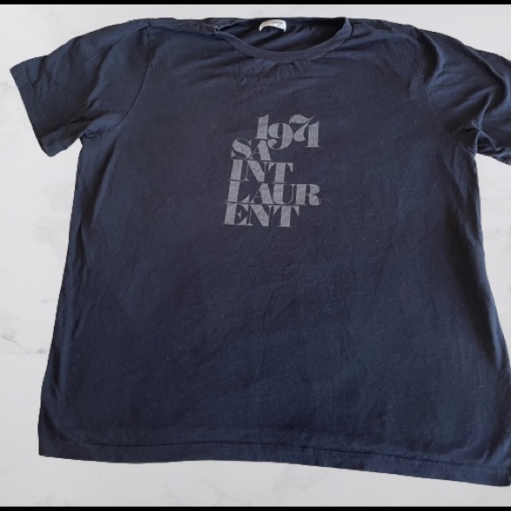 Saint Laurent 1971 Black T-shirt With Silver Print. 100% Cotton. Made in France.